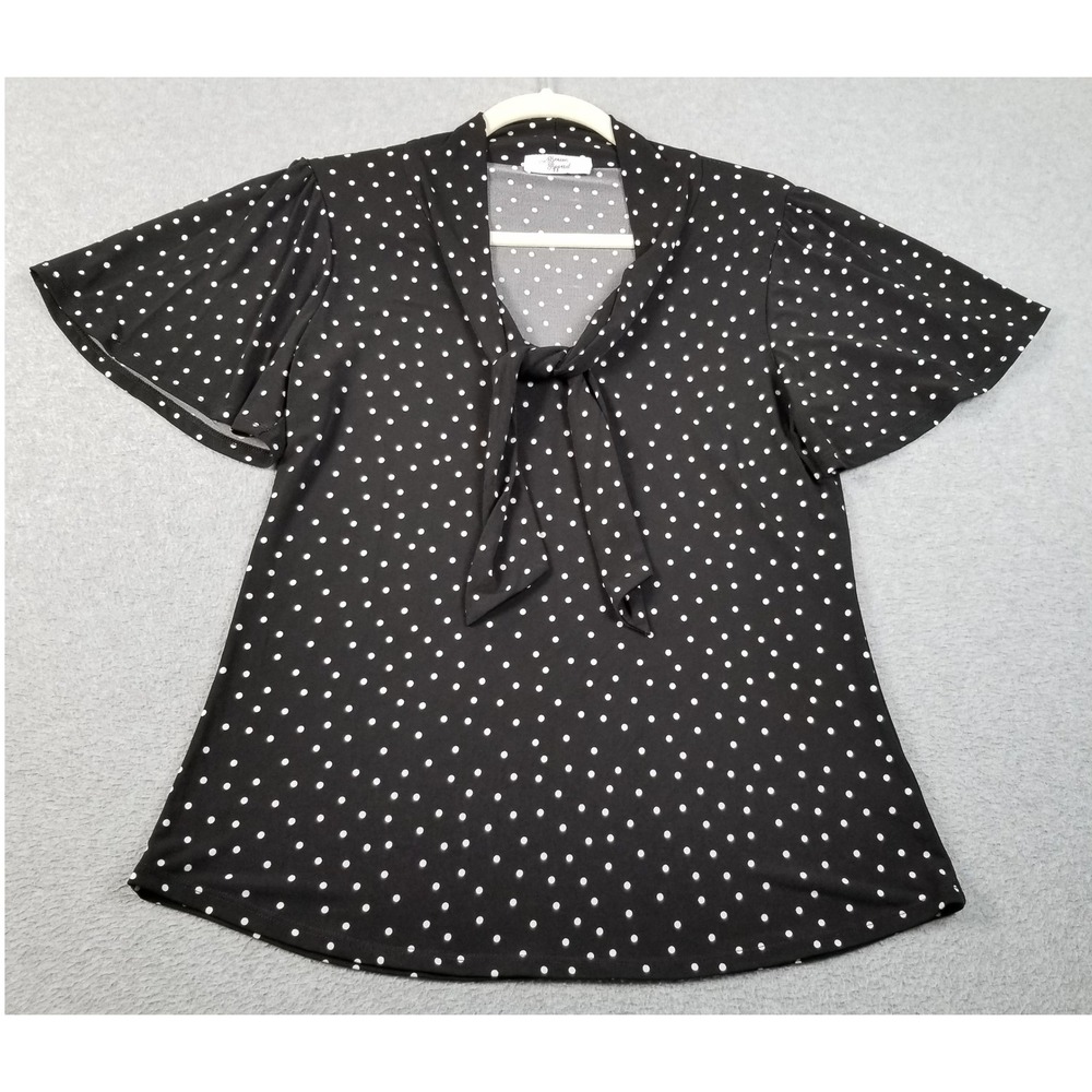 Beacon Apparel Blouse Womens Large L Black Polka Dot Tie Neck Flutter Sleeve Top